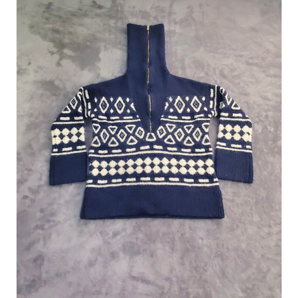 J. CREW Luxury Sz XS-S Blend MERINO WOOL ALPACA Navy White 1/2 Zip Geometric 25